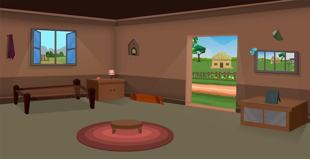 Village room inside vector poor mud house room interior cartoon background illustrations