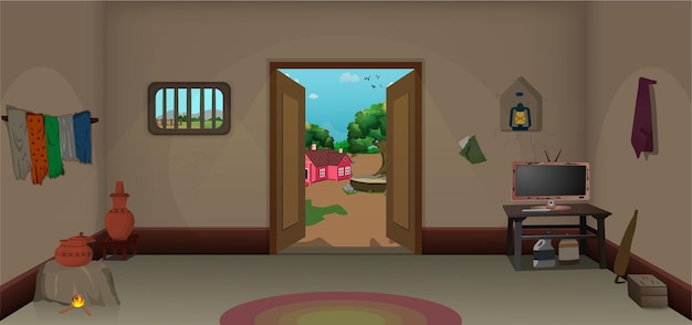 Village room inside vector poor mud house room interior cartoon background illustrations