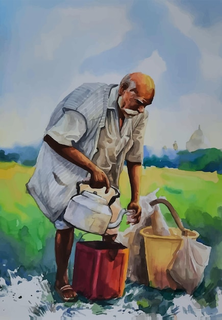 Village Tea Seller Painting wall art wallpaper handdrawn artwork