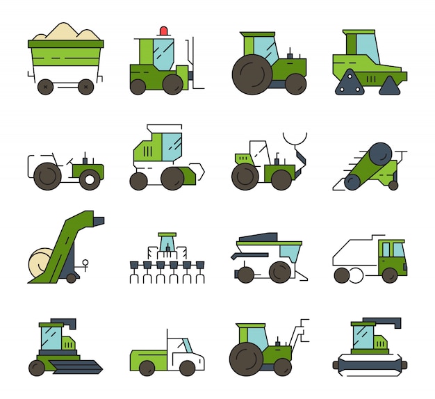 Vector village transport. farm machines and technique heavy digger loader bulldozer harvester tractor  automotive equipment