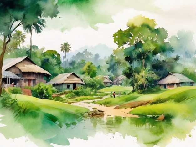 Vector village watercolor illustration