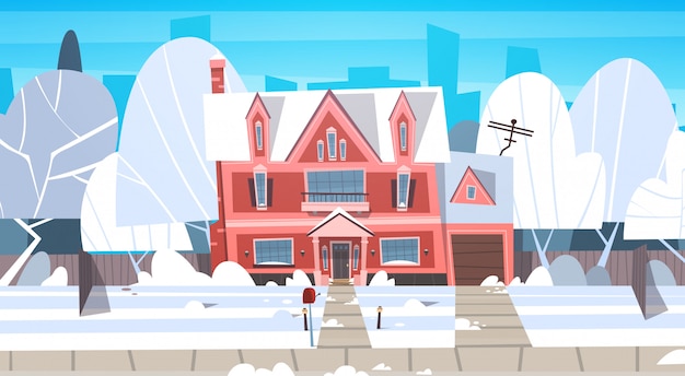 Village Winter Landscape House Building With Snow On Top City Or Town Suburb Street