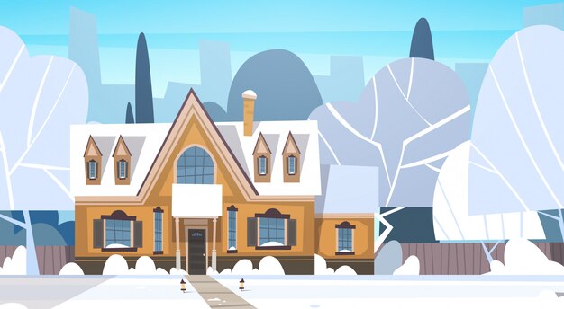 Village Winter Landscape House Building With Snow On Top City Or Town Suburb Street