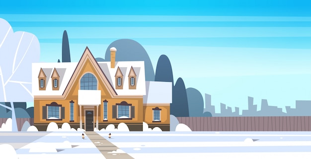 Village winter landscape house building with snow on top city or town suburb street