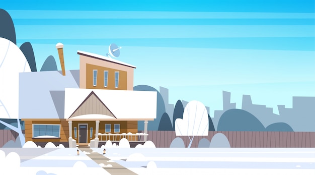 Vector village winter landscape house building with snow on top city or town suburb street