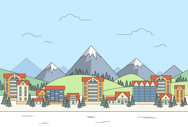 Vector village winter landscape houses city mountain