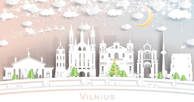 Vettore orizzonte della città di vilnius lituania in stile taglio carta con luna di fiocchi di neve e ghirlanda al neon