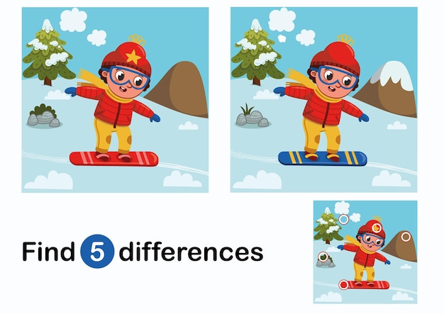 Vind 5 verschillen onderwijs spel voor kinderen skiër jongen in de natuur vector illustration