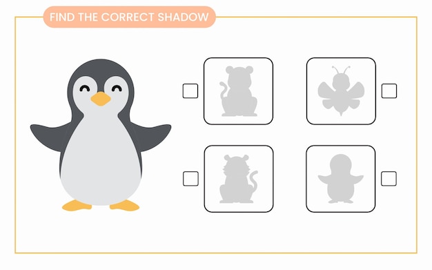Vind de juiste pinguïnschaduw Werkblad voor educatieve activiteiten voor kinderen plat dierontwerp