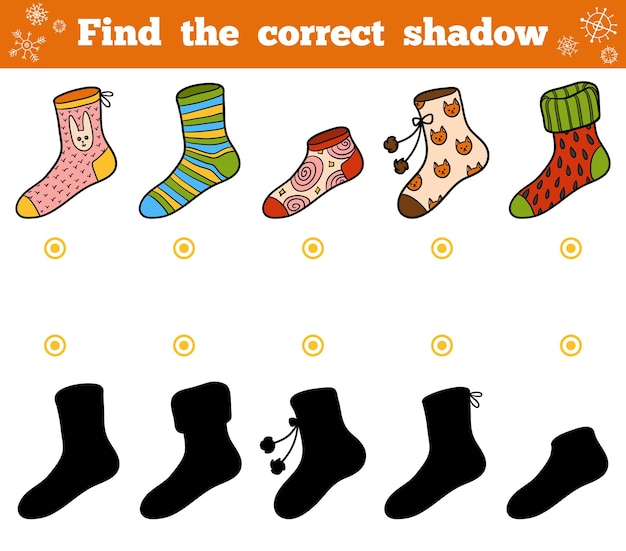 Vind de juiste schaduw, educatief spel voor kinderen, set sokken met ornamenten