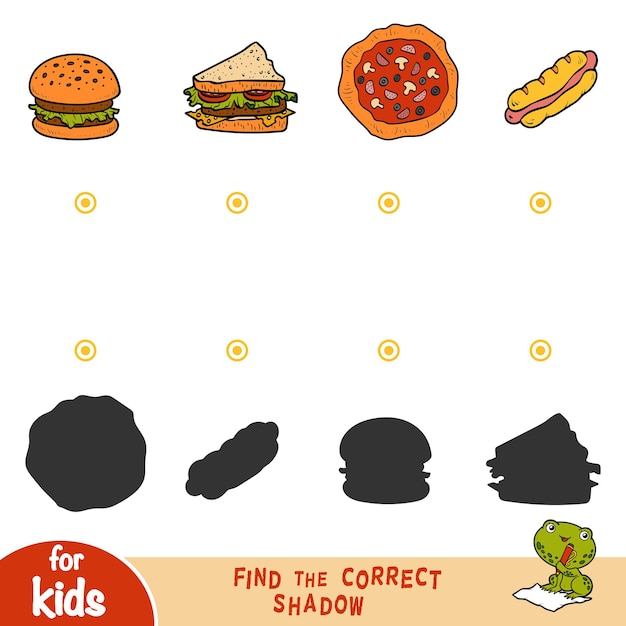 Vind de juiste schaduw, onderwijsspel voor kinderen. set van voedsel - hotdog, hamburger, pizza, sandwich