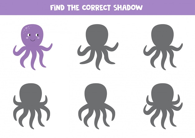 Vind de juiste schaduw van schattige cartoon paarse octopus. logisch spel voor kinderen.