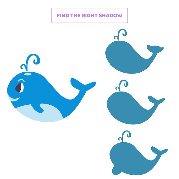 Vind de juiste schaduw voor cartoon walvis Educatief spel voor kinderen