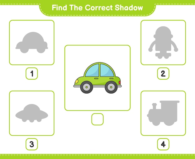 Vind de juiste schaduw Zoek en match de juiste schaduw van auto Educatief kinderspel afdrukbaar werkblad vectorillustratie