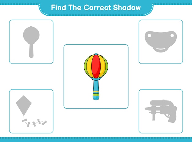 Vind de juiste schaduw Zoek en match de juiste schaduw van Baby Rattle Educatief spel voor kinderen afdrukbaar werkblad vectorillustratie
