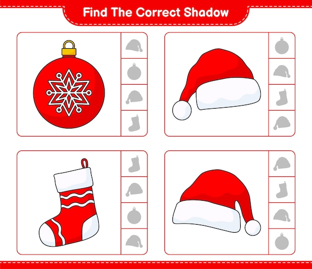 Vind de juiste schaduw Zoek en match de juiste schaduw van de kerstbal, kerstmuts en sok