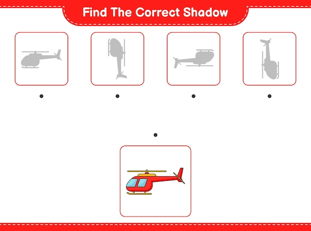 Vind de juiste schaduw Zoek en match de juiste schaduw van helikopter Educatief kinderen spel afdrukbaar werkblad vectorillustratie