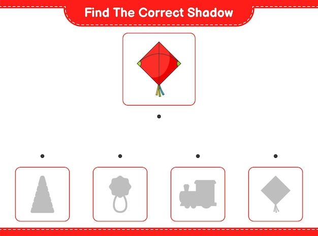 Vind de juiste schaduw Zoek en match de juiste schaduw van Kite Educatief spel voor kinderen afdrukbaar werkblad vectorillustratie