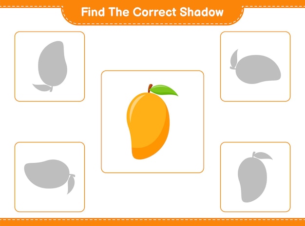 Vind de juiste schaduw. zoek en match de juiste schaduw van mango. educatief kinderspel, afdrukbaar werkblad