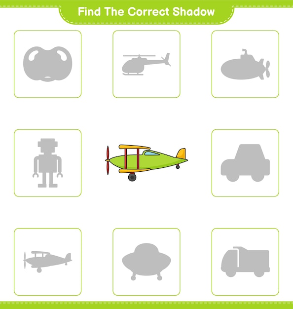 Vind de juiste schaduw Zoek en match de juiste schaduw van Plane Educatief kinderen spel afdrukbaar werkblad vectorillustratie