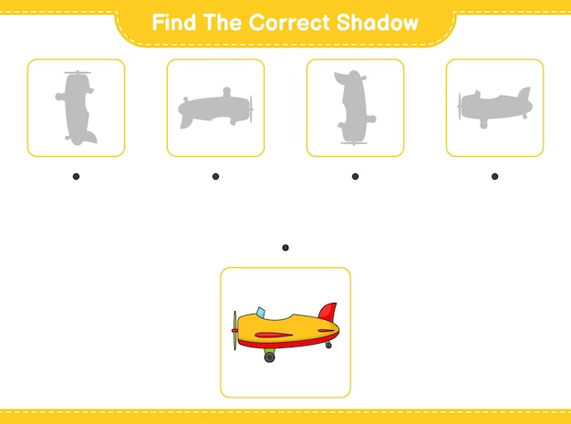 Vind de juiste schaduw Zoek en match de juiste schaduw van Plane Educatief kinderen spel afdrukbaar werkblad vectorillustratie