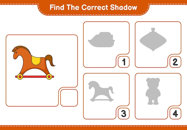 Vind de juiste schaduw Zoek en match de juiste schaduw van Rocking Horse Educatief spel voor kinderen afdrukbaar werkblad vectorillustratie
