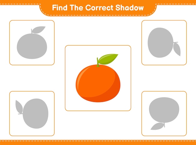 Vind de juiste schaduw. zoek en match de juiste schaduw van tangerin. educatief kinderspel, afdrukbaar werkblad