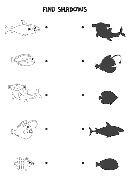 Vind de juiste schaduwen van zwart-witte zeedieren logische puzzel voor kinderen