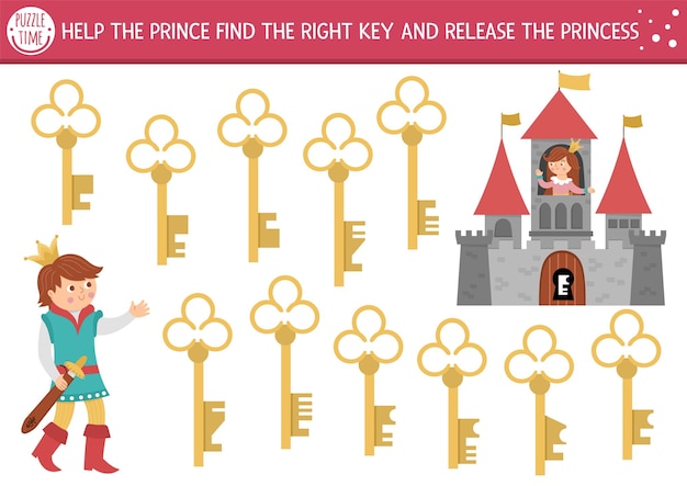 Vind de juiste sleutel om prinses Fairytale matching-activiteit voor kinderen vrij te geven