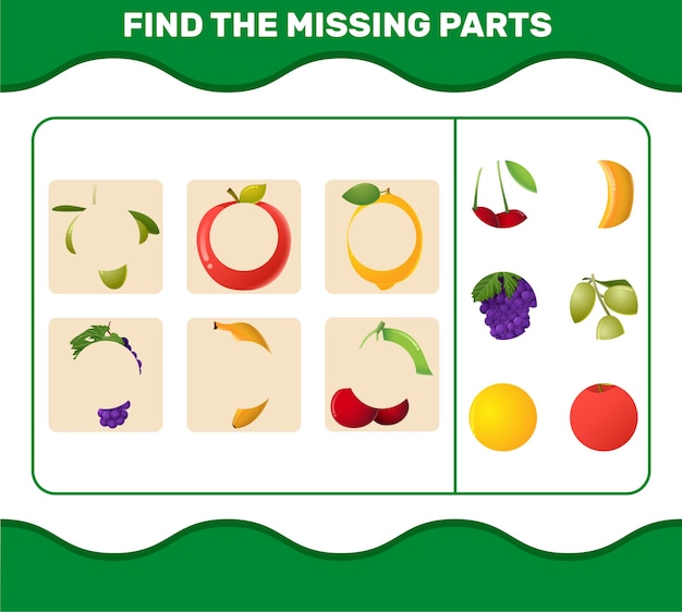 Vind de ontbrekende delen van cartoonfruit. Spel zoeken. Educatief spel voor kleuters en kleuters