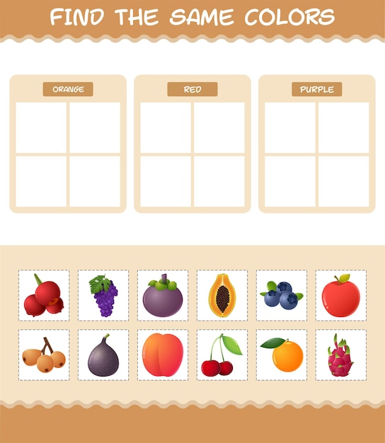 Vind dezelfde kleuren fruit. zoeken en matching spel. educatief spel voor kinderen en peuters in de kleuterklas