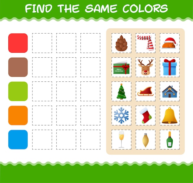 Vind dezelfde kleuren van Kerstmis. Zoeken en Matching spel. Educatief spel voor kinderen en peuters in de kleuterklas