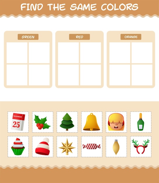 Vind dezelfde kleuren van Kerstmis. Zoeken en Matching spel. Educatief spel voor kinderen en peuters in de pre-schooljaren