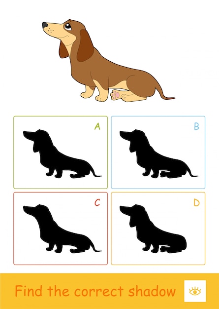 Vind het juiste schaduwquiz-spel voor kinderen met een eenvoudige illustratie van een zittende hond en vier schaduwen voor de jongste kinderen. leuk en leren van pers voor kinderen.