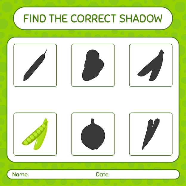 Vind het juiste schaduwspel met erwtenwerkblad voor voorschoolse kinderen activiteitenblad voor kinderen
