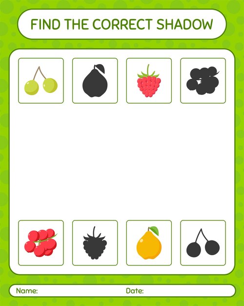 Vind het juiste schaduwspel met fruit. werkblad voor kleuters, activiteitenblad voor kinderen