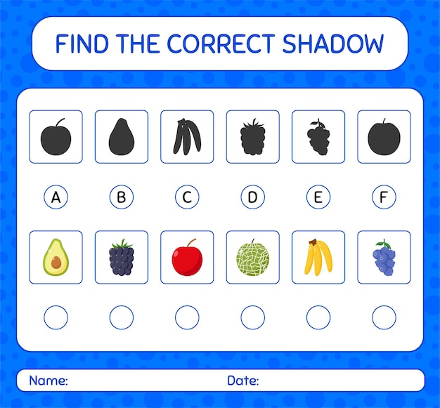 Vind het juiste schaduwspel met fruit. werkblad voor kleuters, activiteitenblad voor kinderen