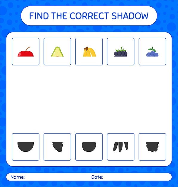 Vind het juiste schaduwspel met fruit. werkblad voor kleuters, activiteitenblad voor kinderen