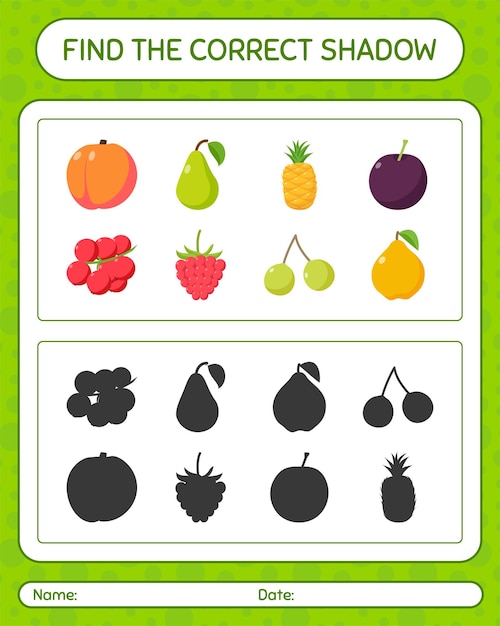 Vind het juiste schaduwspel met fruit. werkblad voor kleuters, activiteitenblad voor kinderen