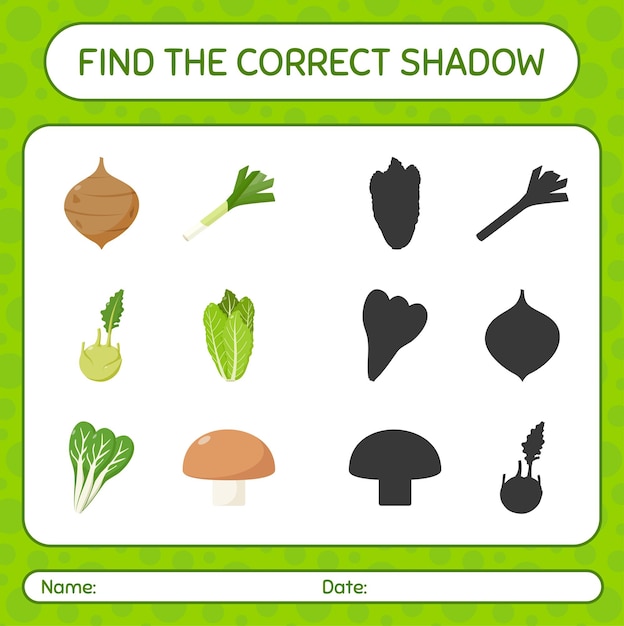 Vind het juiste schaduwspel met groenten. werkblad voor kleuters, activiteitenblad voor kinderen