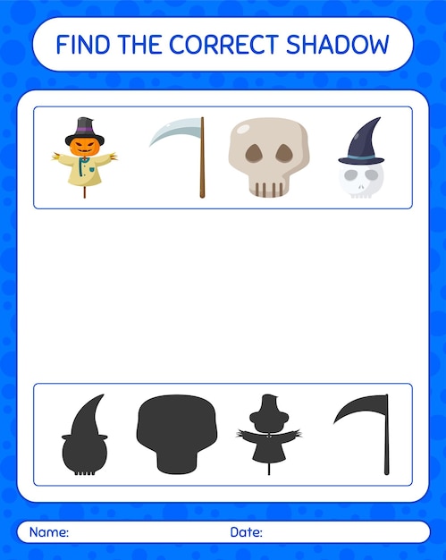 Vind het juiste schaduwspel met het halloween-pictogram. werkblad voor kleuters, activiteitenblad voor kinderen