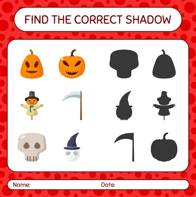 Vind het juiste schaduwspel met het halloween-pictogram. werkblad voor kleuters, activiteitenblad voor kinderen