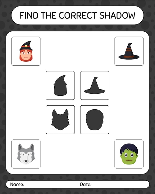 Vind het juiste schaduwspel met het halloween-pictogram. werkblad voor kleuters, activiteitenblad voor kinderen