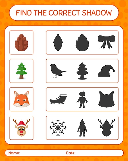 Vind het juiste schaduwspel met het kerstpictogram. werkblad voor kleuters, activiteitenblad voor kinderen