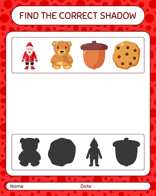 Vind het juiste schaduwspel met het kerstpictogram. werkblad voor kleuters, activiteitenblad voor kinderen