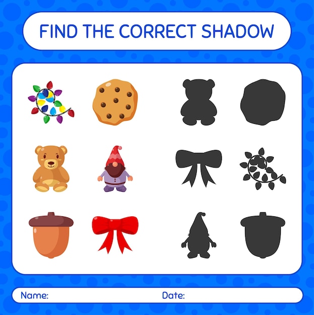 Vind het juiste schaduwspel met het kerstpictogram. werkblad voor kleuters, activiteitenblad voor kinderen