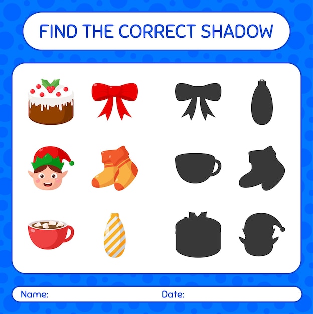 Vind het juiste schaduwspel met het kerstpictogram. werkblad voor kleuters, activiteitenblad voor kinderen