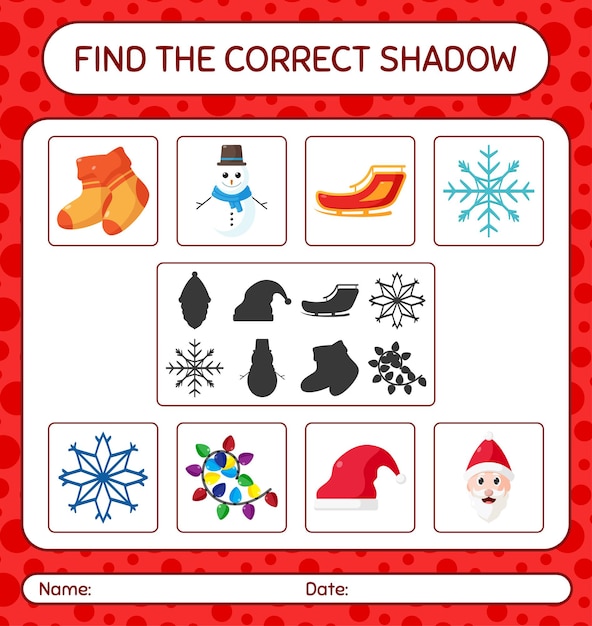 Vind het juiste schaduwspel met het kerstpictogram. werkblad voor kleuters, activiteitenblad voor kinderen