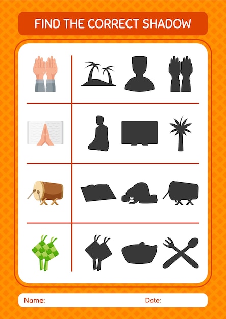 Vector vind het juiste schaduwspel met het ramadan-pictogramwerkblad voor het activiteitenblad van voorschoolse kinderen