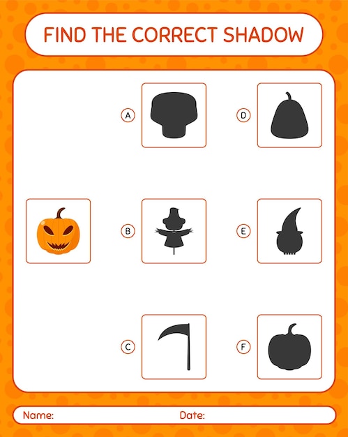 Vind het juiste schaduwspel met jack o' lantern. werkblad voor kleuters, activiteitenblad voor kinderen